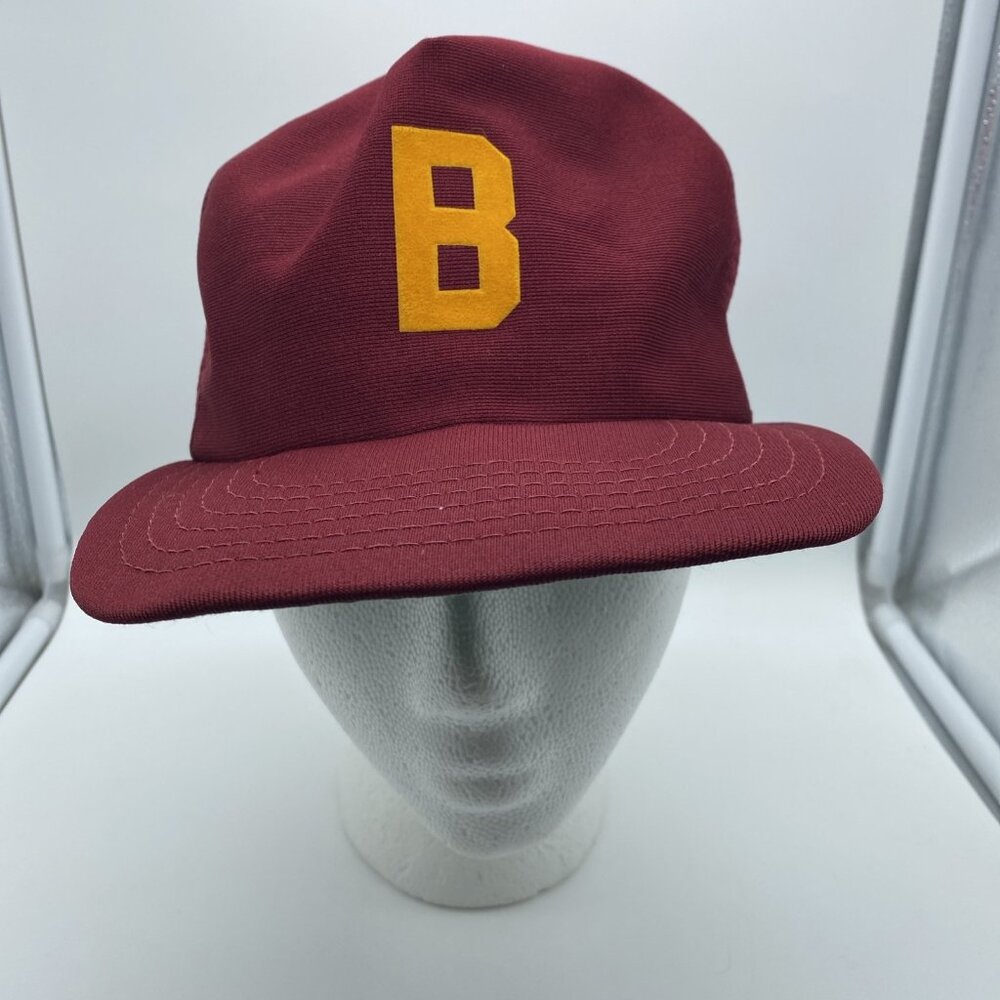 Maroon Cap Yellow B Trucker Hat Snap-back Mesh-back Vintage 90s 80s Made In USA - Picture 1 of 10